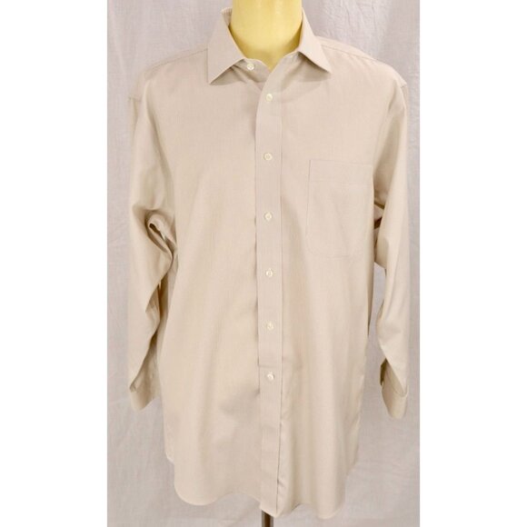 Jos A Bank Travelers Collection Men Tailored Fit Shirt Tan Pinstripe 16.5 32 VTG - Picture 2 of 12